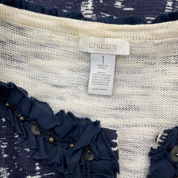 Chicos Intrigue Demi Cardigan Sweater Indigo Beaded Ruffle Trim Med - Picture 5 of 7